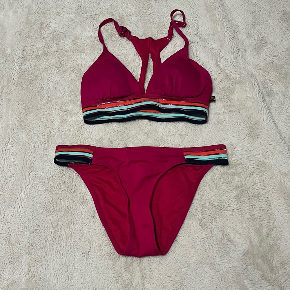 La Vie En Rose Pink Bikini Set with Striped Elastic Bands